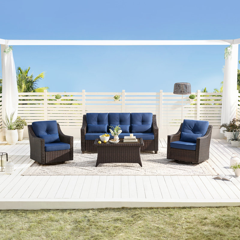 Ensemble de conversation d'extérieur pour 5 personnes avec table basse et coussins Keaisha, Bleu, Brun