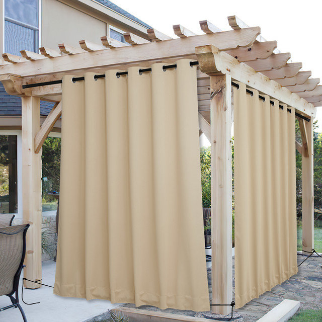 Outdoor Patio Curtains 2 Panels Windproof Top Grommet & Back Tab Bottom, Thermal Insulated Drapes Keep Privacy for Yard/Porch with Ropes for Fixed