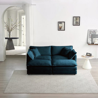 Canapé modulaire rembourré 4 pièces, 1 canapé 2 places 2 pièces et 2 repose-pieds, causeuse 2 places avec repose-pieds, chenille bleue