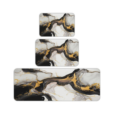 Tapis de cuisine en marbre noir et doré 3 pièces, cuisine moderne