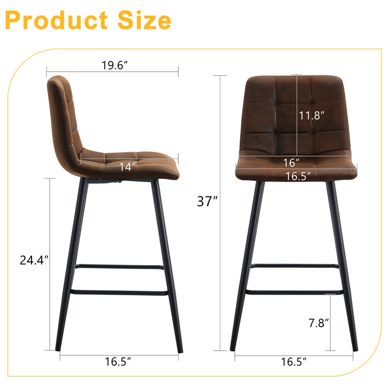 Deux chaises de bar en tissu brun, motif à carreaux, structure stable, pieds en métal noir, siège incurvé ergonomique à barres, pieds