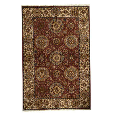 Tapis unique rose / ivoire / brun noué à la main de haute qualité