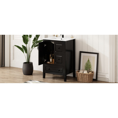 Meuble-lavabo noir 24 po avec lavabo en céramique pré-percé, rangement à fermeture en douceur et poignées rétro autoportantes pour plomberie à dossier ouvert, fonction fermée