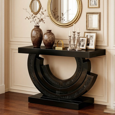 Luxury Modern Mirrored Console Table, Accent Entryway Table with Half-Moon Base For Living Room Hallway Entrance, Black