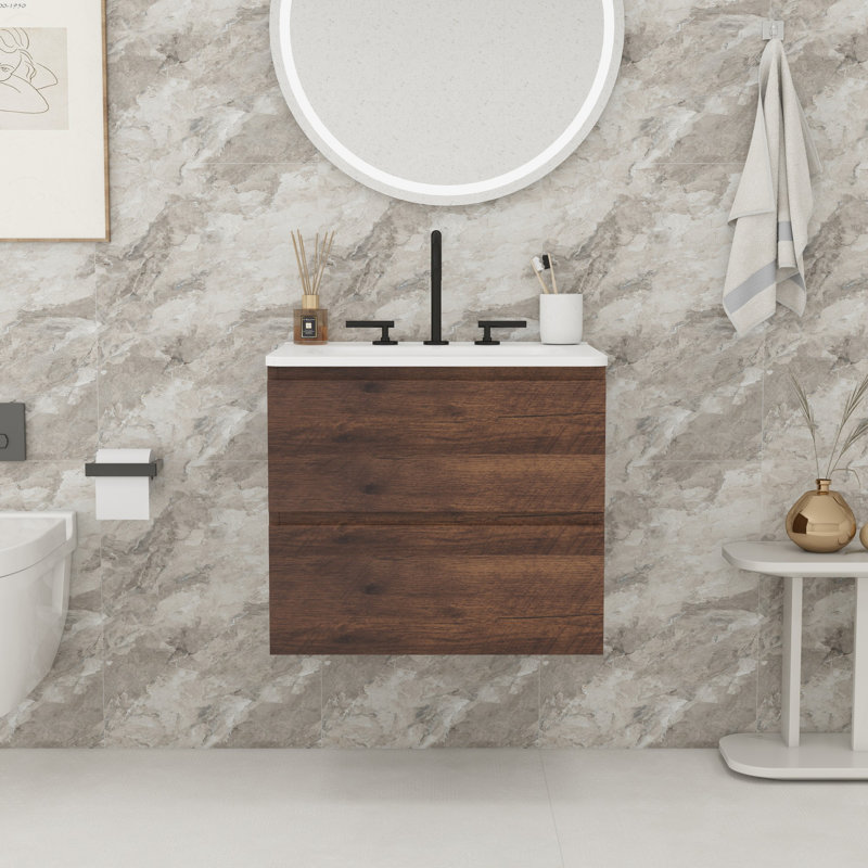 Meuble-lavabo de salle de bain avec lavabo en céramique, Noyer, Triple