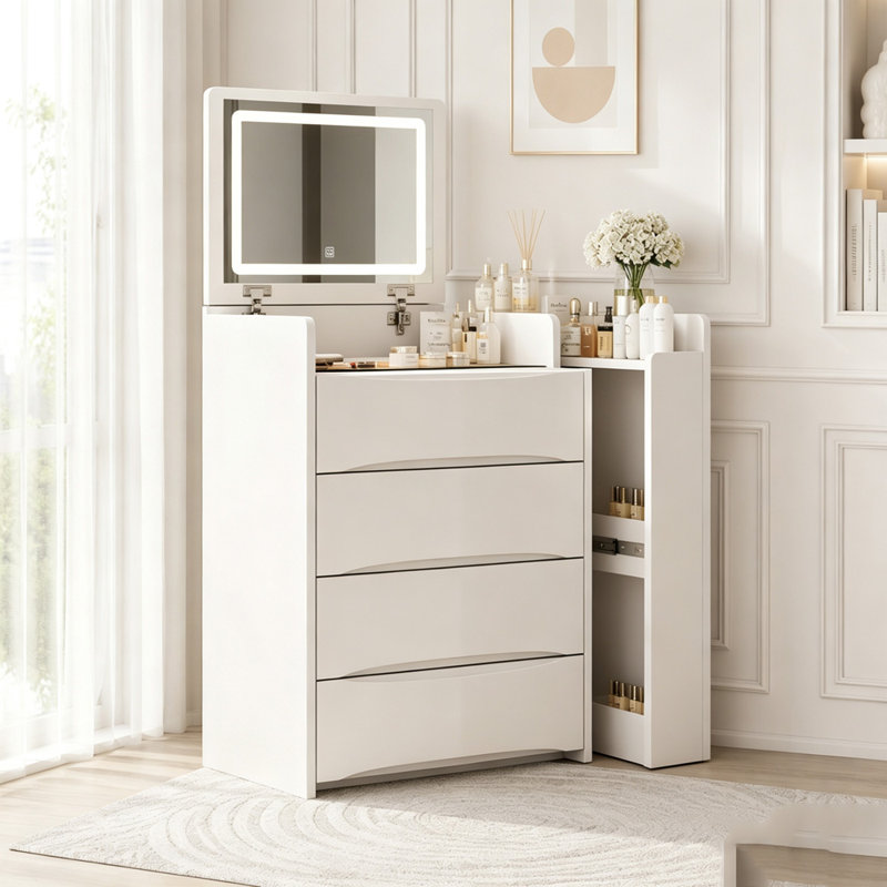 Coiffeuse 3 en 1 avec miroir rabattable, éclairage et rangement, Black