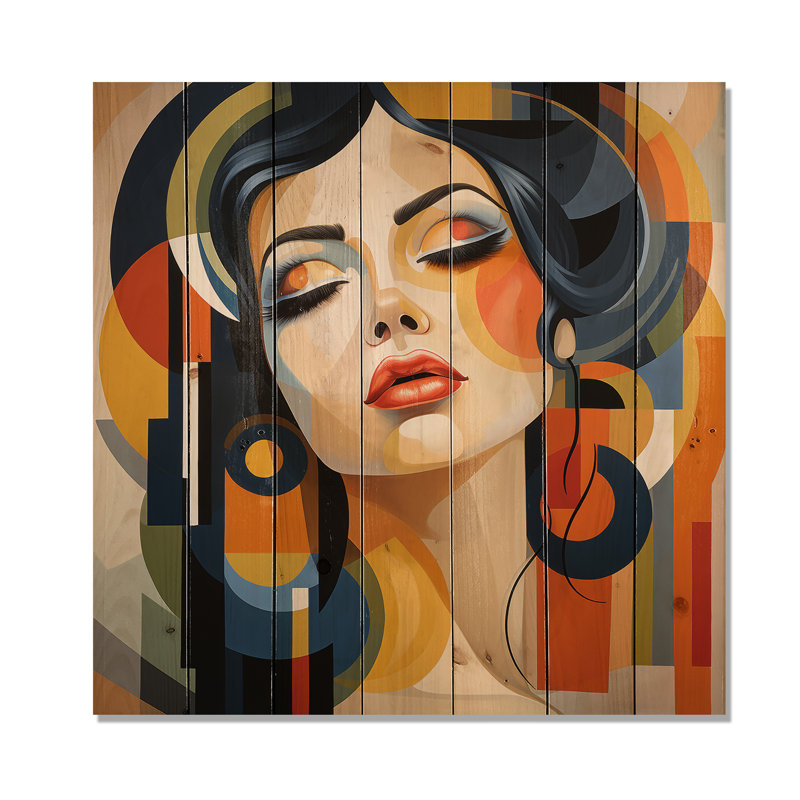 Art Decor, portrait de femme II - Reproduction de portrait abstrait sur bois de pin naturel, H 15 po x l 15 po x P 0,78 po