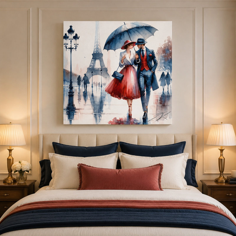 Couple romantique parisien sous un parapluie, tableau sur toile tendue, H 40 po x l 40 po x P 1,5 po