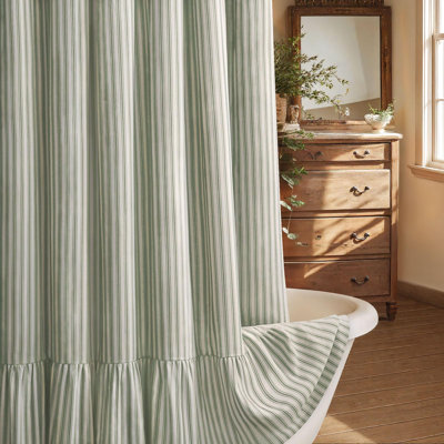 Farmhouse Shower Curtain with Ruffle Hem Linen Shower Curtains for Bathroom Country Vintage Rustic Natural Fabric, Cream-Green Stripe 72" W x 72" L
