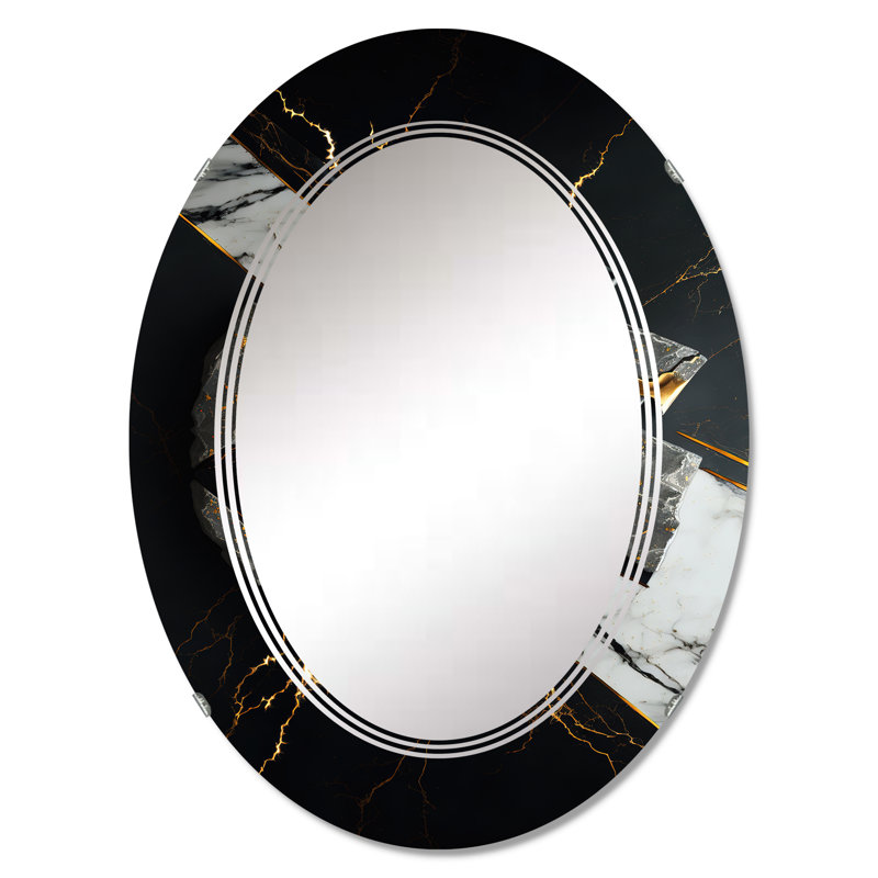 Abstrait Geode Black III - Miroir mural abstrait en marbre, 36 po x 24 po