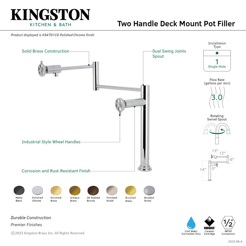 Kingston Brass Fuller Two-Handle 1-Hole Deck Mount Pot Filler Faucet, Polished Nickel