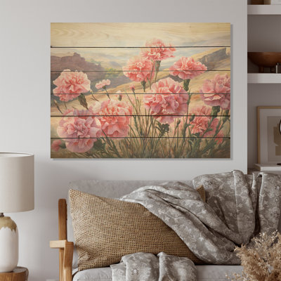 Œillets, charme dans un paysage de montagne - œillets, art mural sur bois de pin naturel