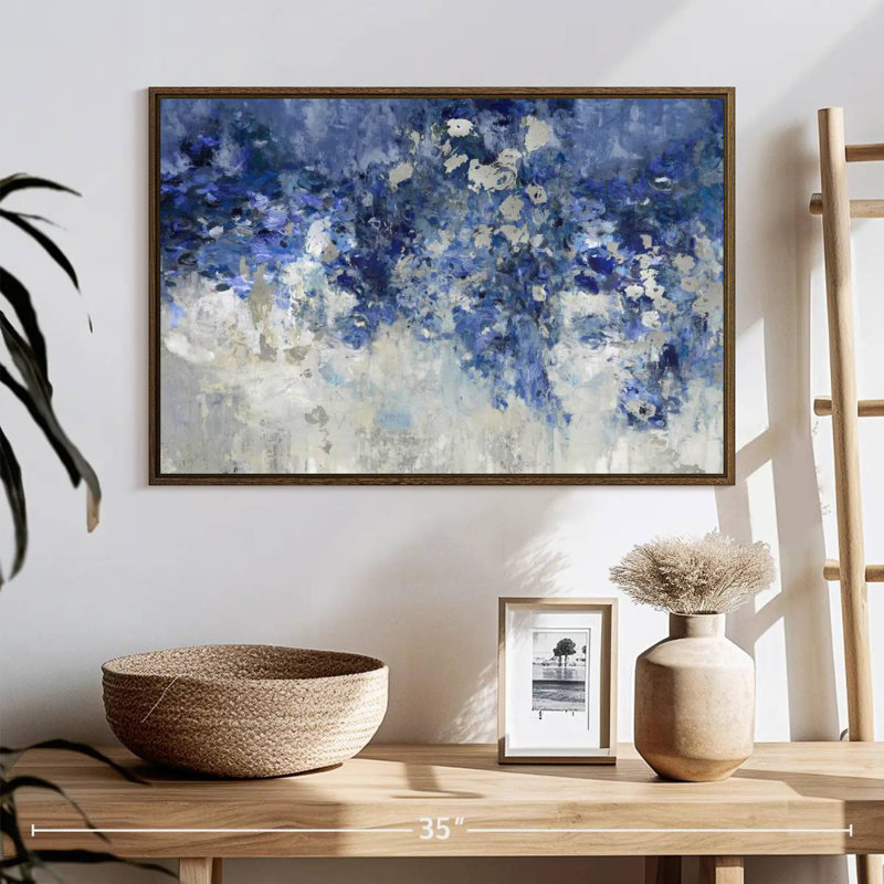 Indigo Charmed, 25 po x 17 po, Cadre flottant en noyer