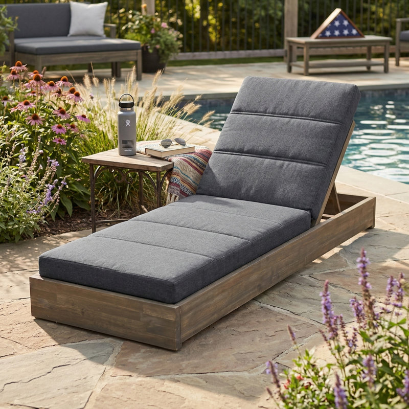 Calyra Modern Fabric Upholstered Outdoor Chaise Lounge Cushion with Water-Repellent Cover and Secure Ties, Gray