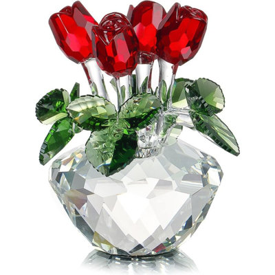 Crystal Red Rose Glass Figurine Flower Bouquet