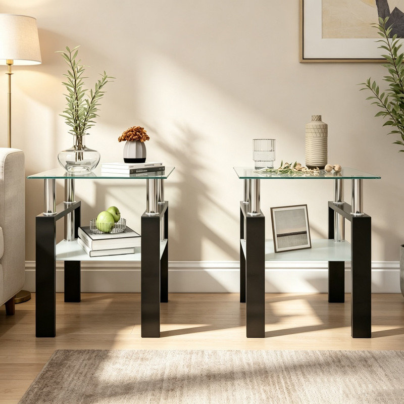Ensemble de 2 tables de bout carrées modernes, table d'appoint en verre trempé, meubles d'appoint pour le salon, disponibles en finitions transparentes et noires