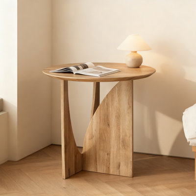 Table d'appoint ronde moderne avec base sculpturale rotative et plateau en placage de chêne pour le salon et la chambre à coucher