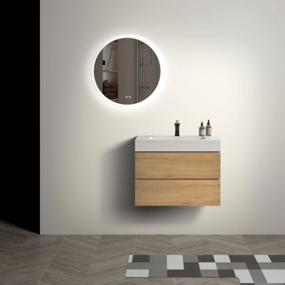 Meuble-lavabo de salle de bain au fini chêne naturel - fixé au mur avec une cuve spacieuse et des tiroirs silencieux