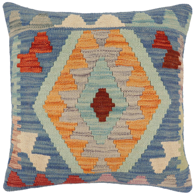 Coussin rustique Kilim, Gris / orange / bleu, H 19 po x l 19 po