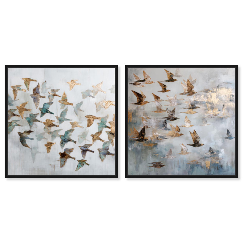 Sky Full of Wings Canvas Print Gold Boho Wall Art Set by Art Remedy, Black Frame, 12 x 12, 25" H x 25" W, Black Frame
