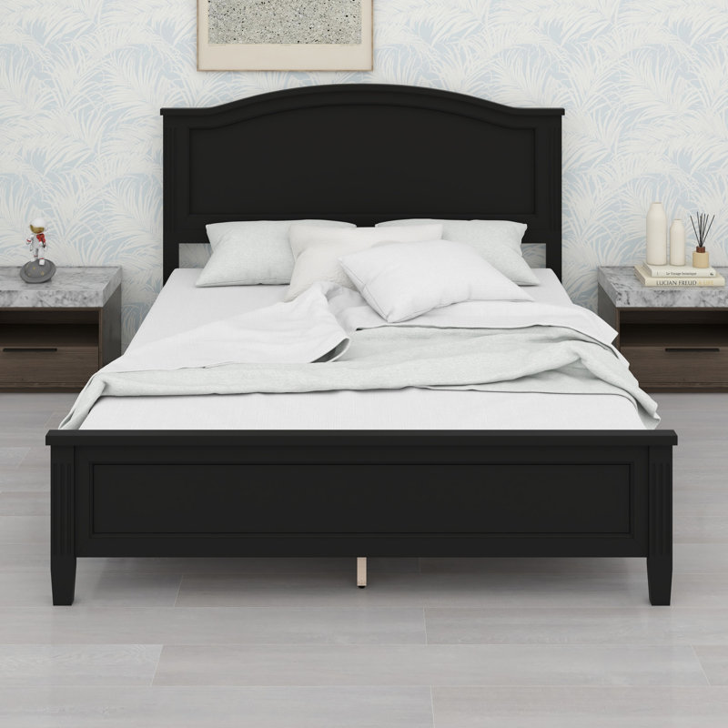 Lit plateforme contemporain avec tête de lit et pieds en lattes de bois, Queen, Black