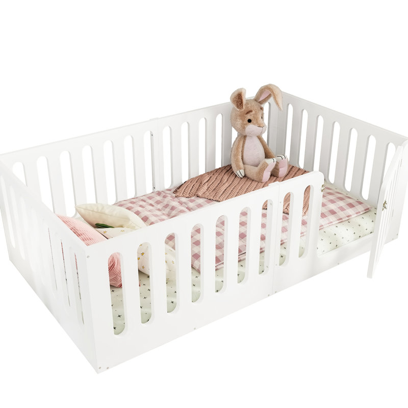 Twin Size Floor Bed, Solid Wood, Low-Profile Design, High Fence, No Box Spring, White, Safe And Long-Lasting Bed With Door, Low-Profile, Reliable