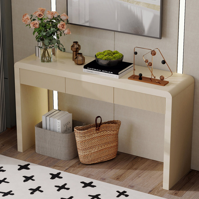 Console rustique avec 3 tiroirs cannelés, Beige