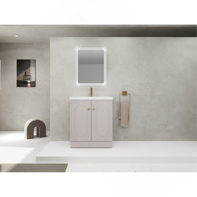 Meuble-lavabo autoportant de 30 po avec lavabo en résine blanche et 2 portes d'armoire à fermeture en douceur