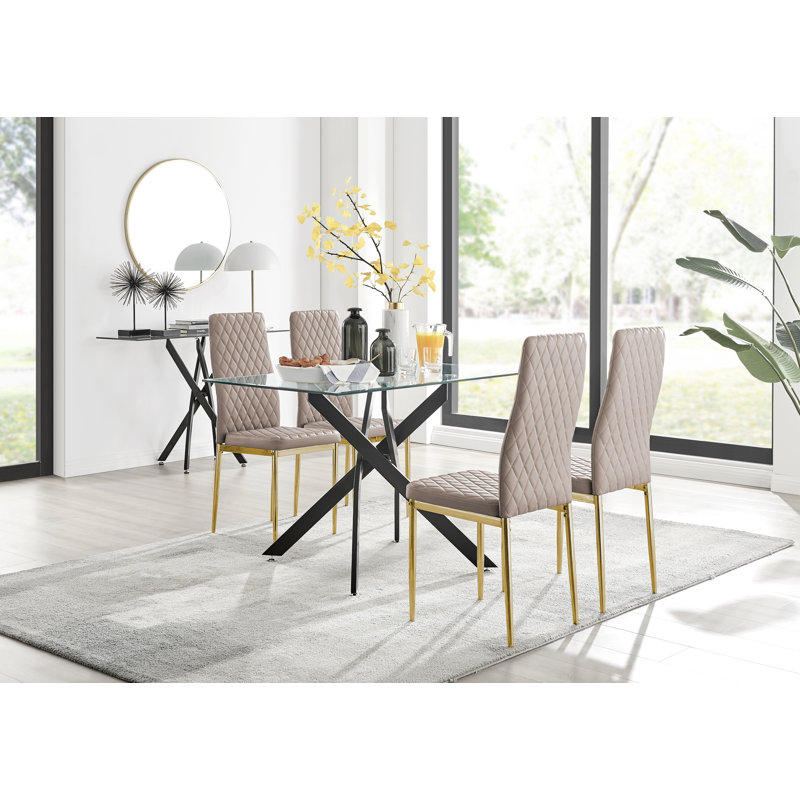 Lenworth Modern Black Metal and Glass Dining Table Set with 4 Luxury Faux Leather Dining Chairs, Cappuccino/Gold