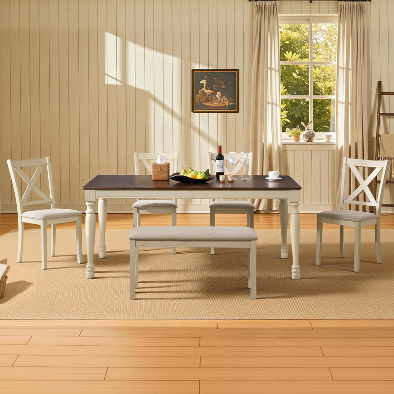 Deral 6 - Person Farmhouse Rectangular Solid Wood Dining Set with Bench. Brown/Beige, Beige