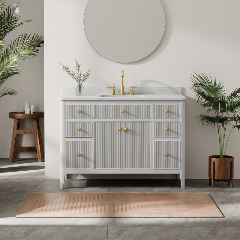 Ensemble de meuble-lavabo sur pied simple 48 po avec façade cannelée, tiroirs à fermeture en douceur, fabrication en bois massif et plateau en marbre d'ingénierie - entièrement assemblé