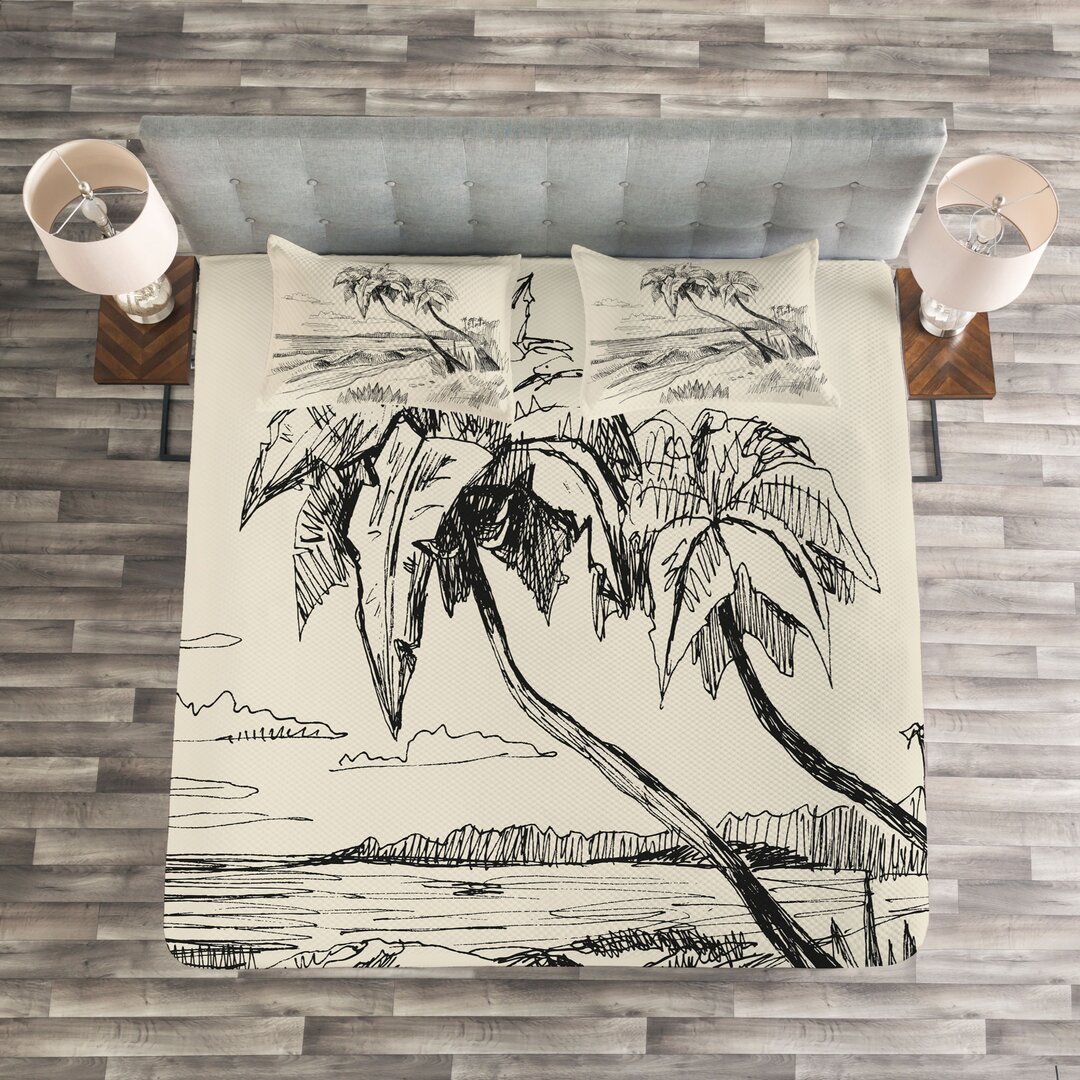 Gestepptes Bettdecken-Set, Tropical Beach Sketch, Palme, Schwarz Creme