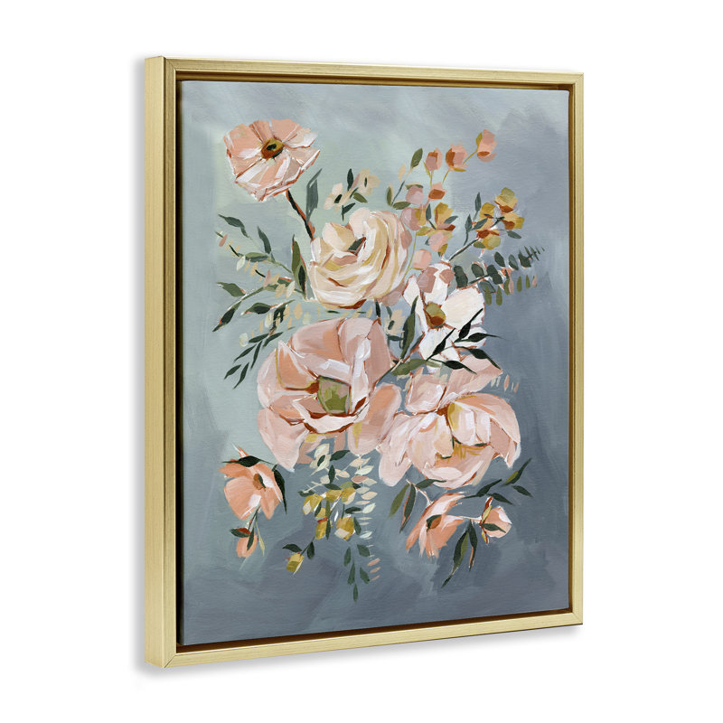 Roses brossées sur cadre flottant bleu, design par Annie Quigley, H 21 po x l 17 po, Cadre flottant métallique doré
