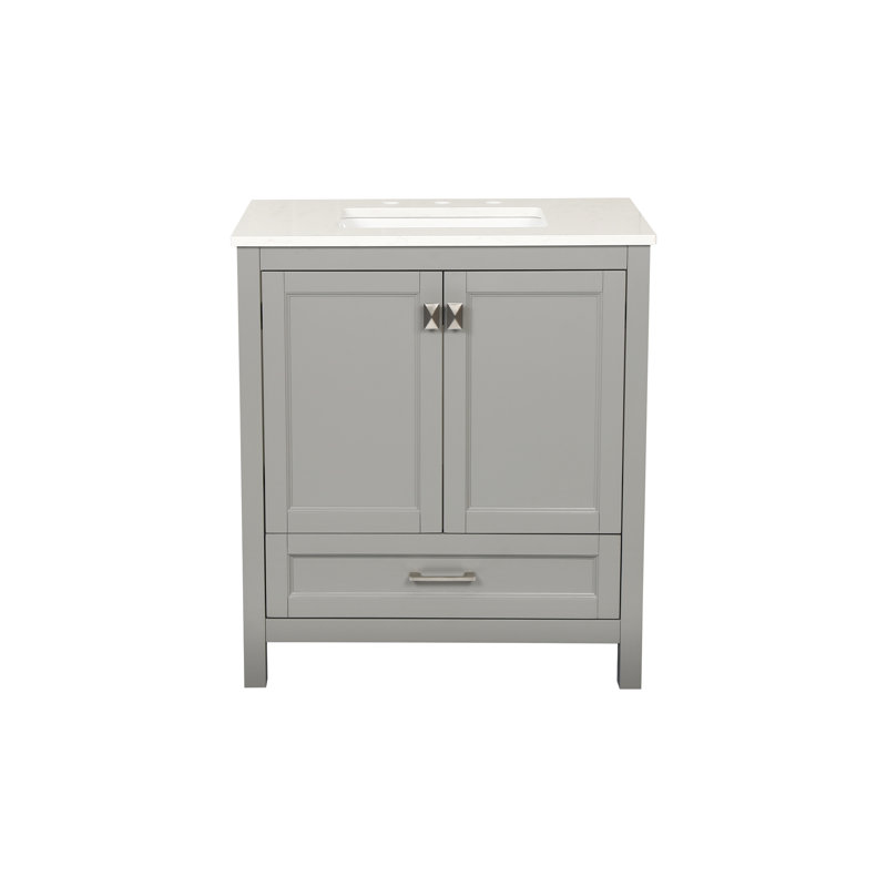 Meuble-lavabo gris de 30 po avec lavabo. Armoire en bois massif entièrement assemblée. Comptoir en marbre. Tiroirs à fermeture en douceur. Profondeur 29,36 po, largeur 18,76 po, hauteur 34,72 po. Poids 93,36 lb. Rangement moderne. Bricolage