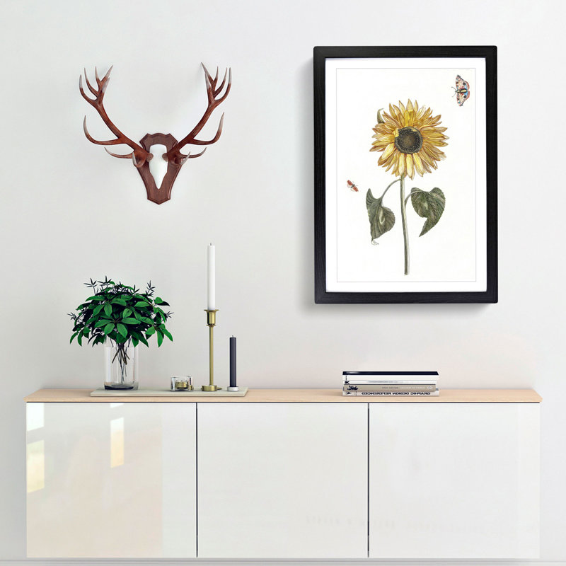 Sunflower with Butterflies by Johan Teyler - Picture Frame Painting Print, 48cm H x 36cm W x 2cm D, Black Framed