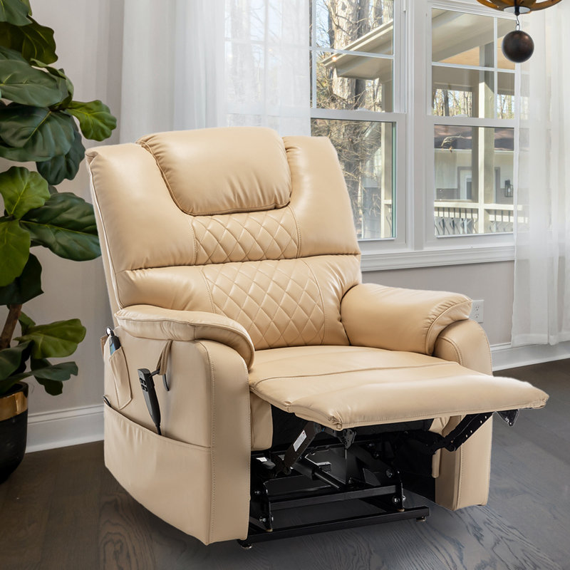 Carollynn Faux Leather Reclining, Dual Motor Lay Flat with Heat & Massage, Beige Faux Leather