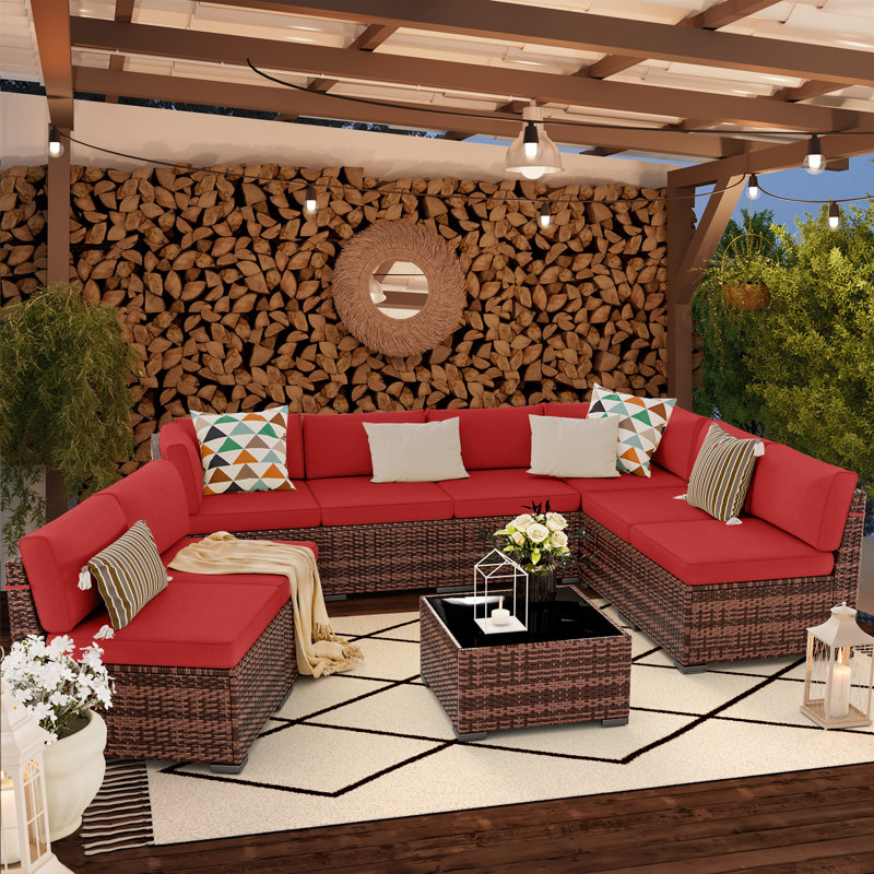 Avamay Rattan Sectional Seating Group with Cushions, Burgundy Performance Microfiber, No