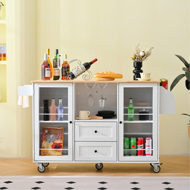 Chariot pour îlot de cuisine avec comptoir rabattable, 2 tiroirs, unité de porte, serviette et épice, blanc, surface de travail de 48,32 po de long et facile à déplacer, espace de rangement, blanc, comptoir en bois d'hévéa,