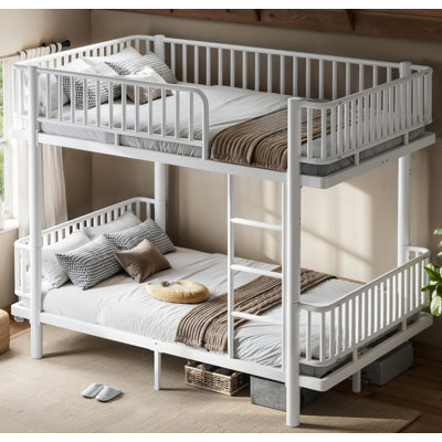 Full over Full Bunk Bed with Ladders & Guardrails, Metal Bunk Bed Frame with Upgraded Safety Round-Pipe Design, Can Transformed into 2 Platform Bed, White