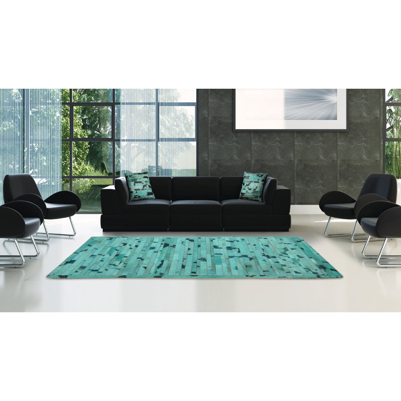 Area Cowhide Abstract Area Rug in Turquoise, Rectangle 9' x 12'