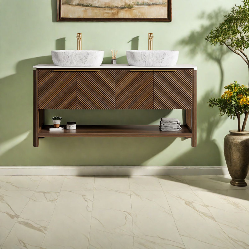 Ensemble de meuble-lavabo moderne 60 "avec rangement spacieux et plateau en marbre pour la maison