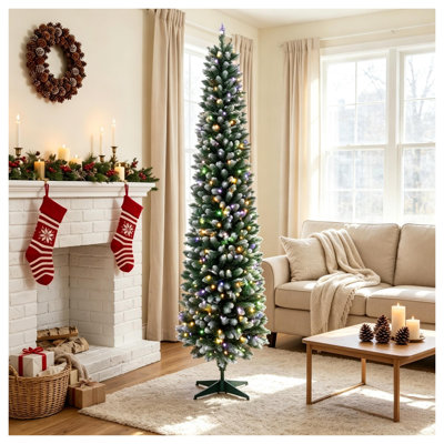 6ft Flocked Pencil Prelit Christmas Tree, Dual‑Color Green White LEDs, Remote Control with 11 Light Modes