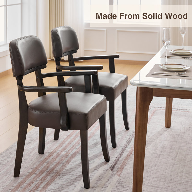 Faux Leather Upholstered Solid Wood Dining Chair With Arms, Brown Faux Leather