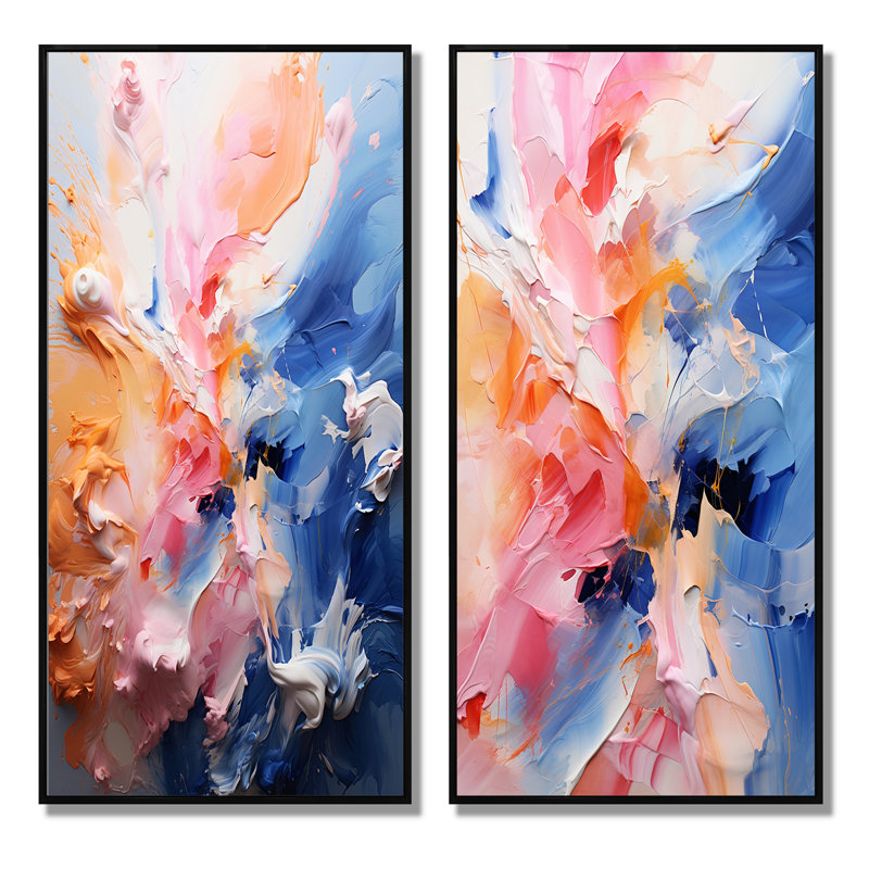 «Pink Blue Blossom Fusion», 2 pièces sur toile, Cadre noir, H 24 po x l 20 po