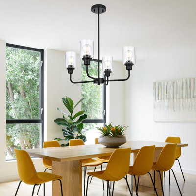 4-Light Black Industrial Chandelier With Clear Glass Shades, Adjustable Height Modern Farmhouse Pendant Light, Flexible Hanging Ceiling Fixture For Kitchen Island & Living Room
