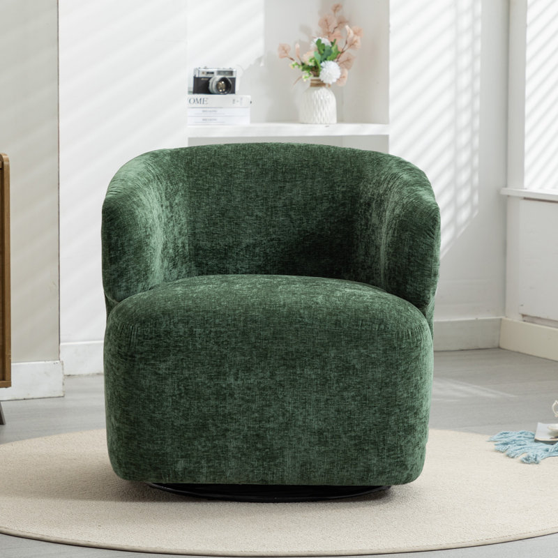 30" Wide Upholstered Swivel Barrel Accent Chair, No Assembly, Green Chenille