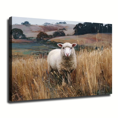 Mouton debout dans l'herbe dorée, campagne, reproduction d'art sur toile tendue pour grand salon