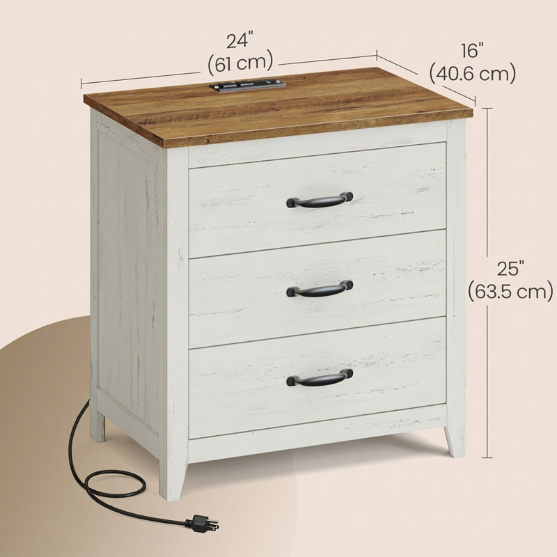 Allenside 24'' W 3-Drawer Nightstand with Charging Ports, White/Brown