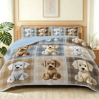 3-Piece Plaid Puppy Patchwork Quilts Sets Queen Size,Pet Bedspread with 2 Shams,Soft Reversible Coverlet Bedding Sets