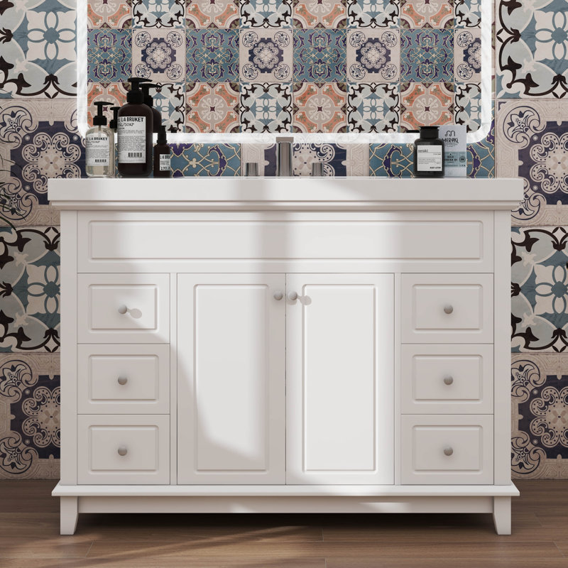 Meuble-lavabo de 46 po sans lavabo, entièrement équipé de 2 portes silencieuses et 6 tiroirs, portes doubles avec tablettes à deux niveaux